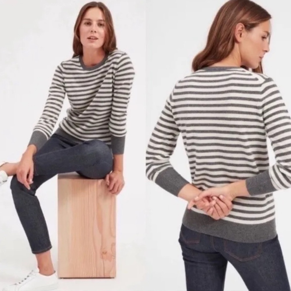 Everlane 100% Cashmere Crew Neck Sweater Grey and Ivory Stripes